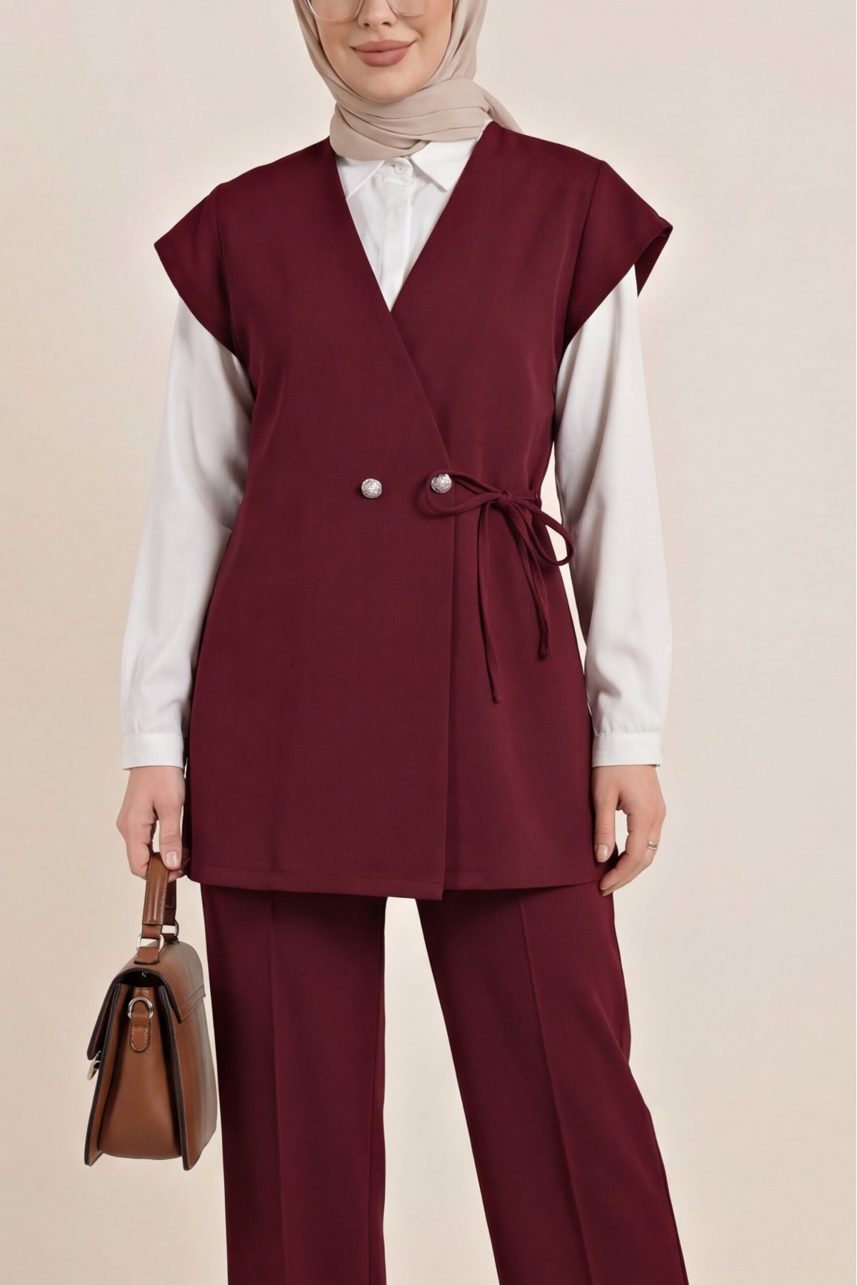 Düğme Detaylı Çift Bağcıklı Yelek Pantolon Double Krep Takım -Bordo