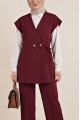 Düğme Detaylı Çift Bağcıklı Yelek Pantolon Double Krep Takım -Bordo