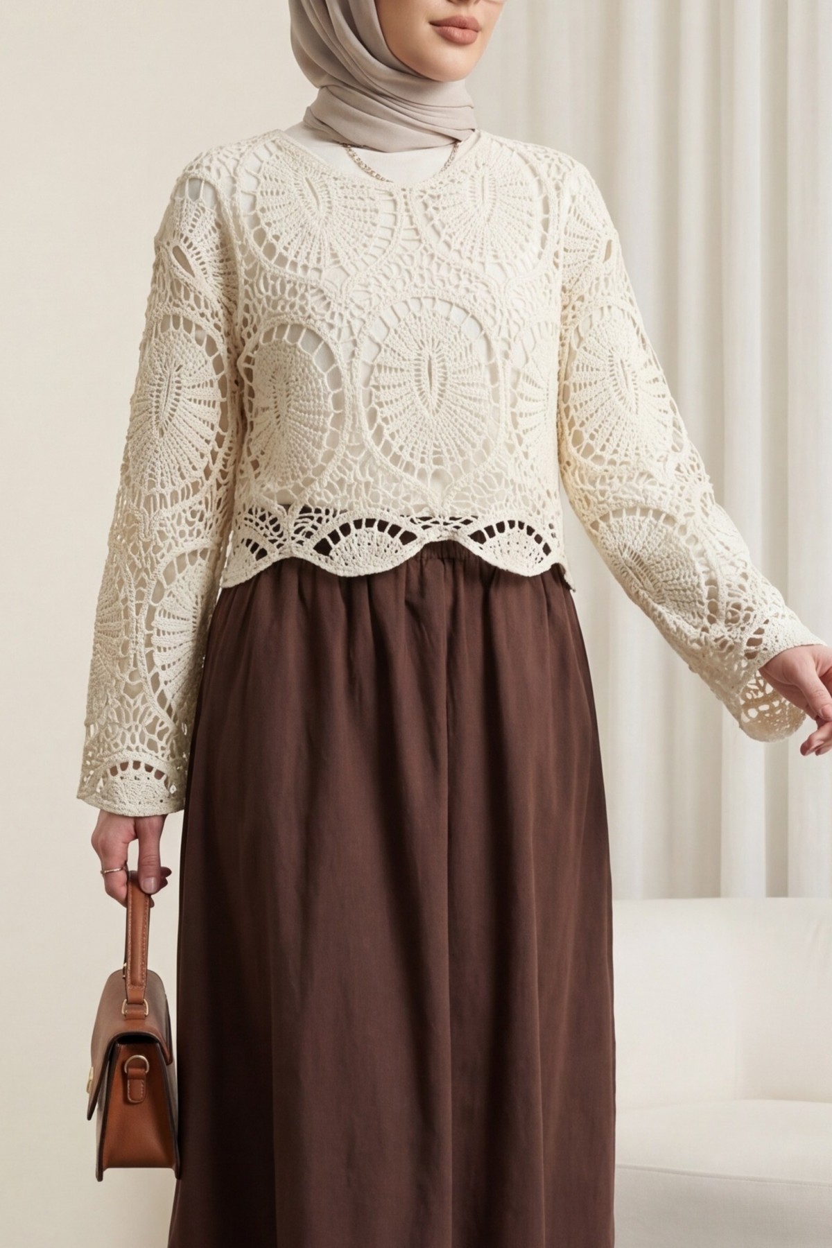 Dantel Örgü Triko Bluz  -Ekru