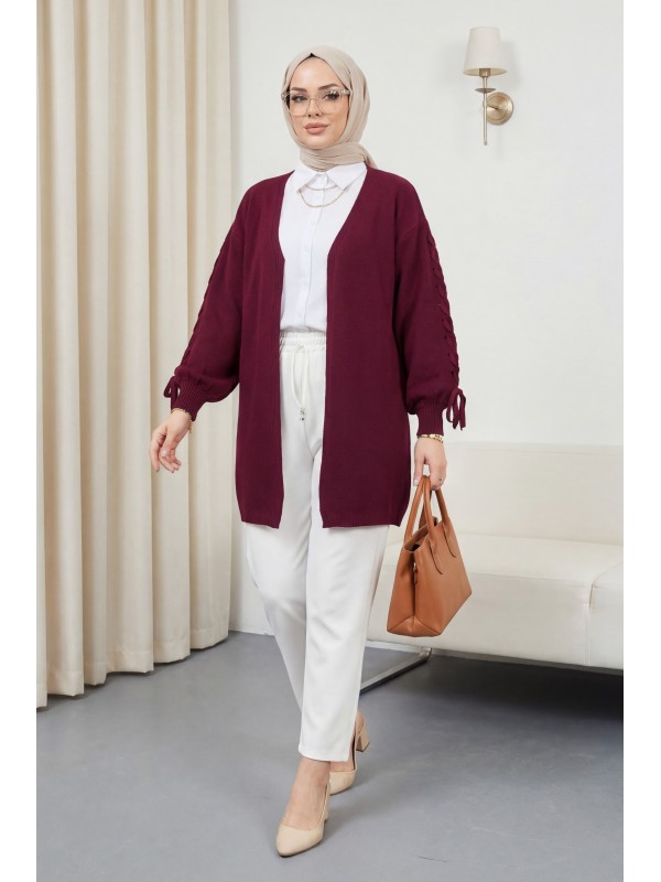 Kolu Saç Örgülü Salaş Triko Hırka -Bordo