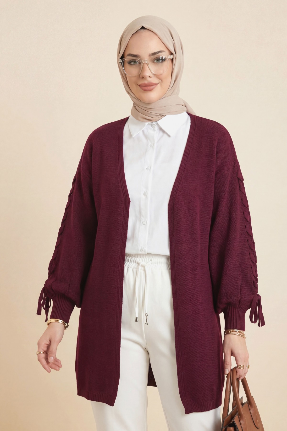 Kolu Saç Örgülü Salaş Triko Hırka -Bordo