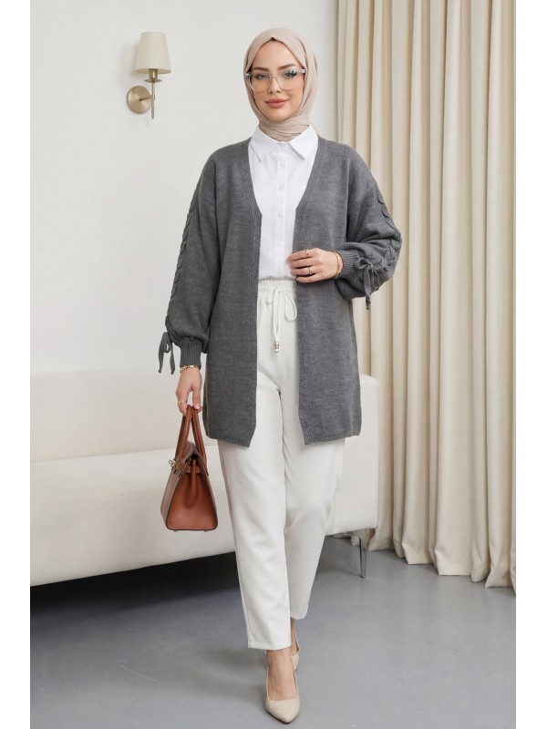 Kolu Saç Örgülü Salaş Triko Hırka -Füme