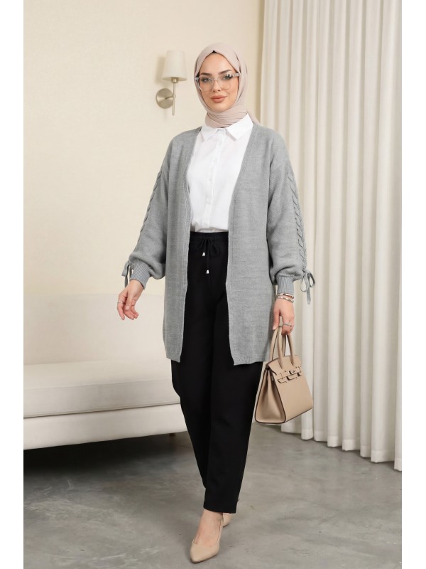 Kolu Saç Örgülü Salaş Triko Hırka -Gri