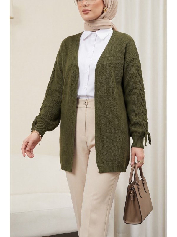 Kolu Saç Örgülü Salaş Triko Hırka -Haki