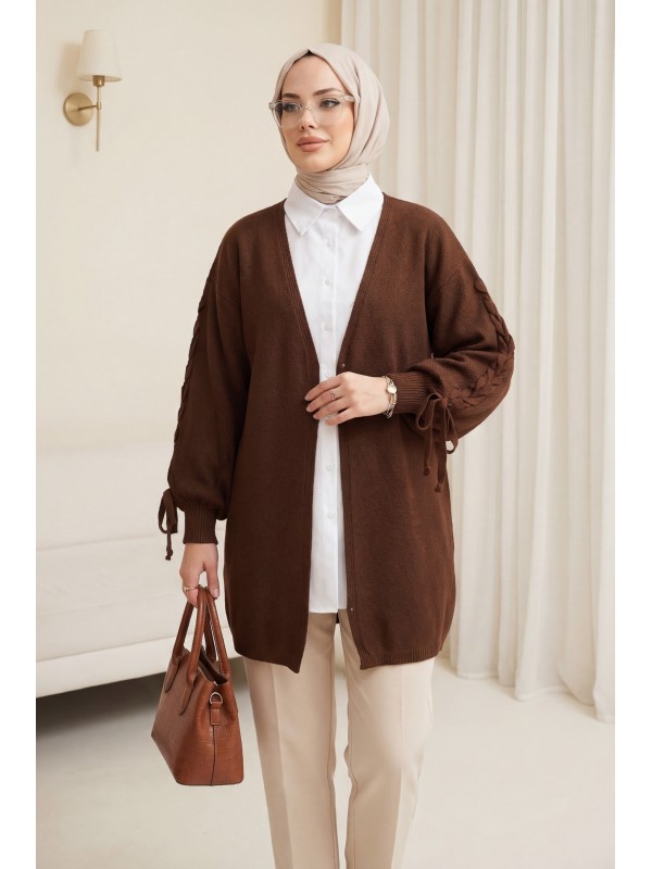 Kolu Saç Örgülü Salaş Triko Hırka -Kahve