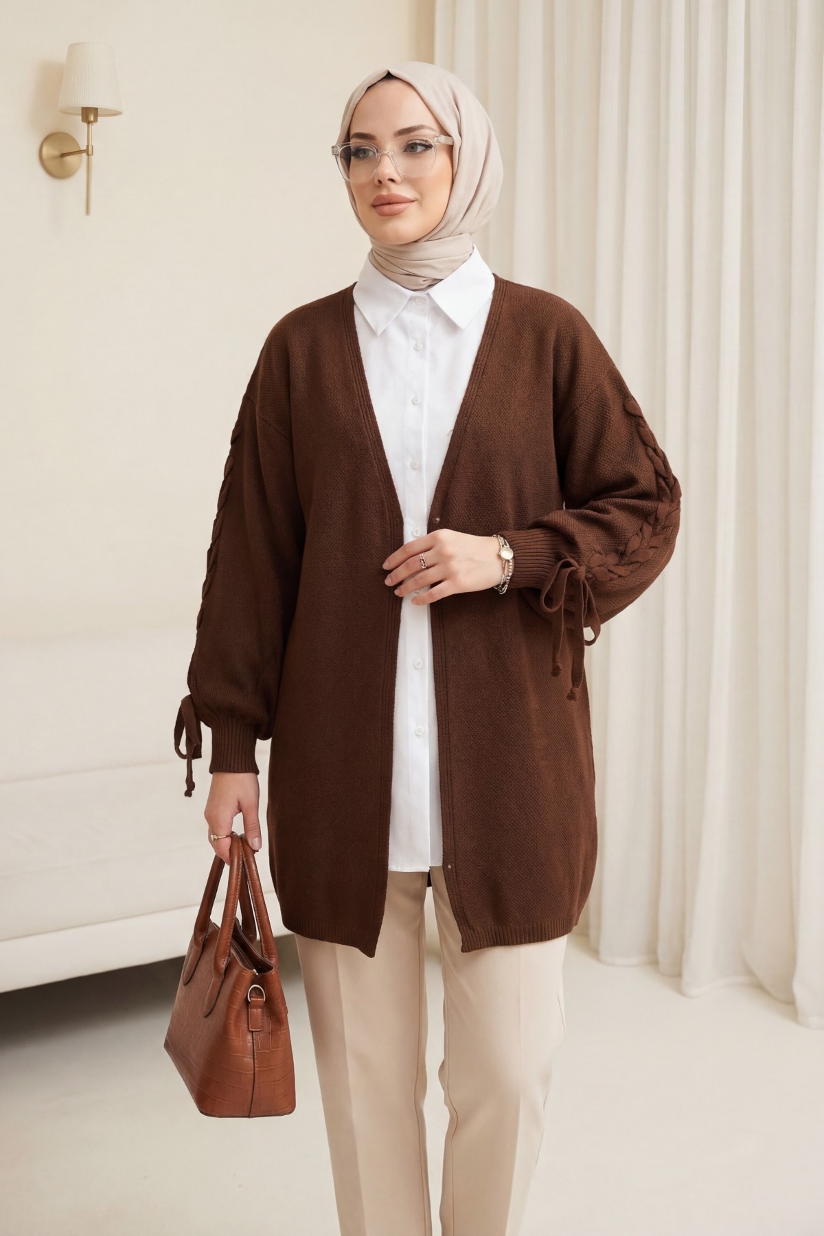 Kolu Saç Örgülü Salaş Triko Hırka -Kahve