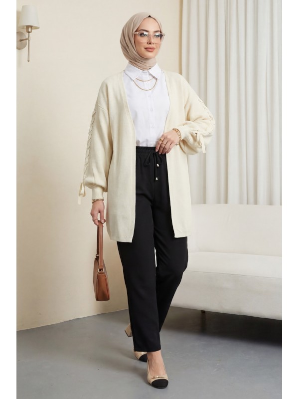 Kolu Saç Örgülü Salaş Triko Hırka -Krem