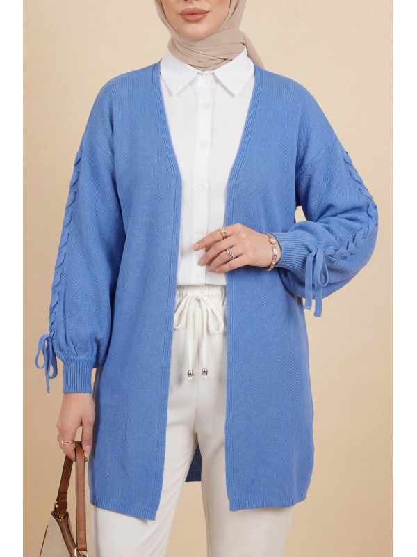 Kolu Saç Örgülü Salaş Triko Hırka -Mavi