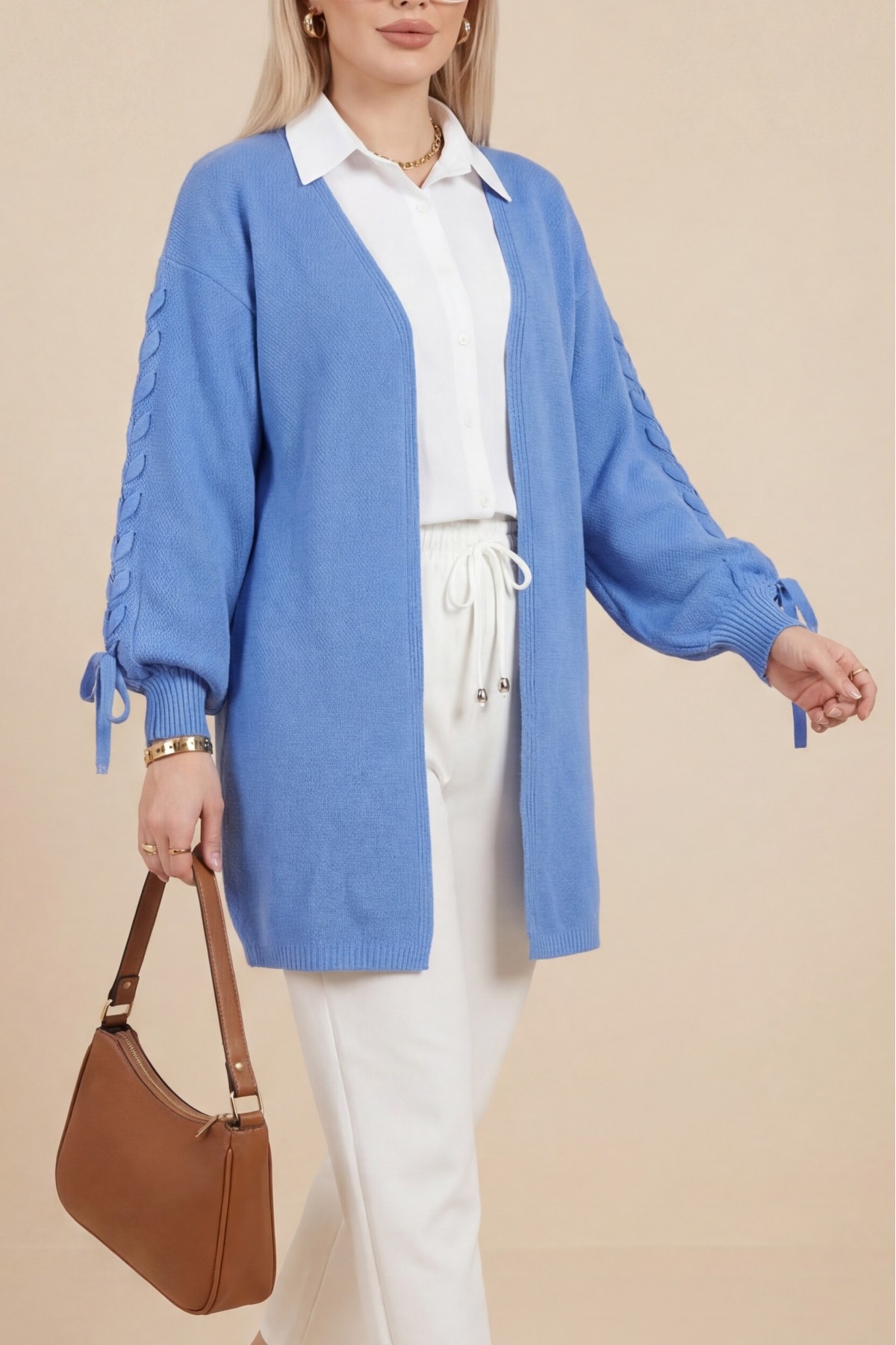 Kolu Saç Örgülü Salaş Triko Hırka -Mavi