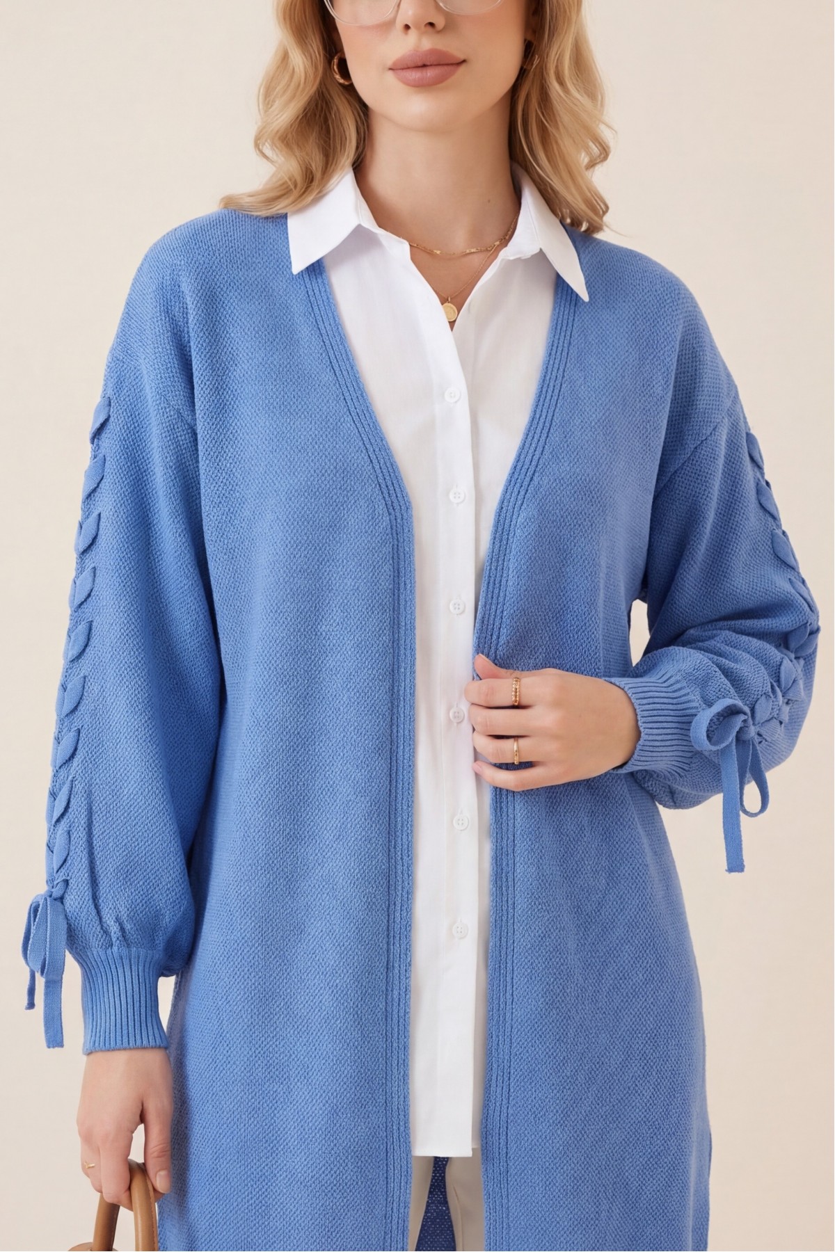 Kolu Saç Örgülü Salaş Triko Hırka -Mavi