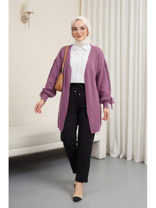 Kolu Saç Örgülü Salaş Triko Hırka -Mürdüm