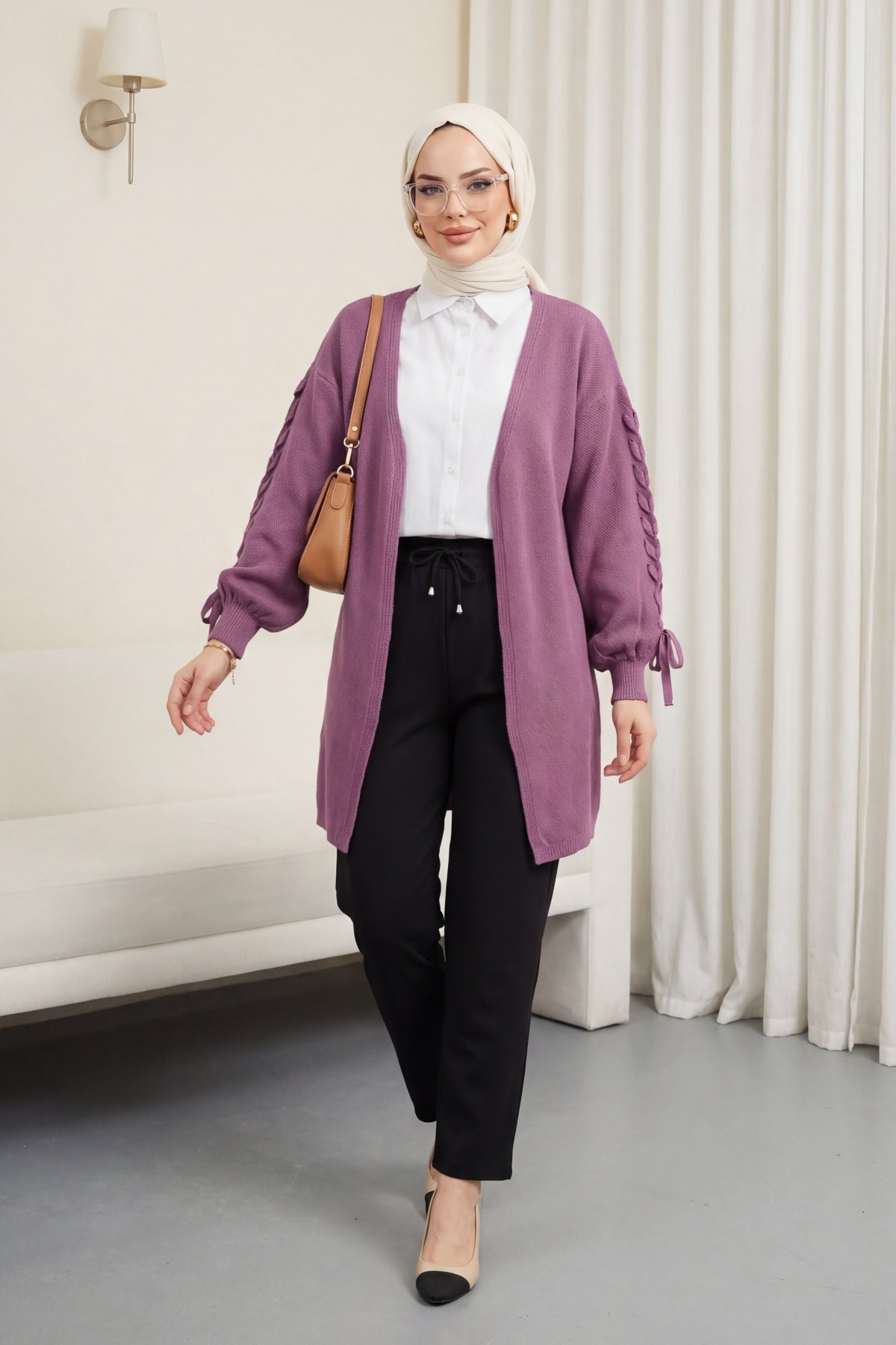 Kolu Saç Örgülü Salaş Triko Hırka -Mürdüm