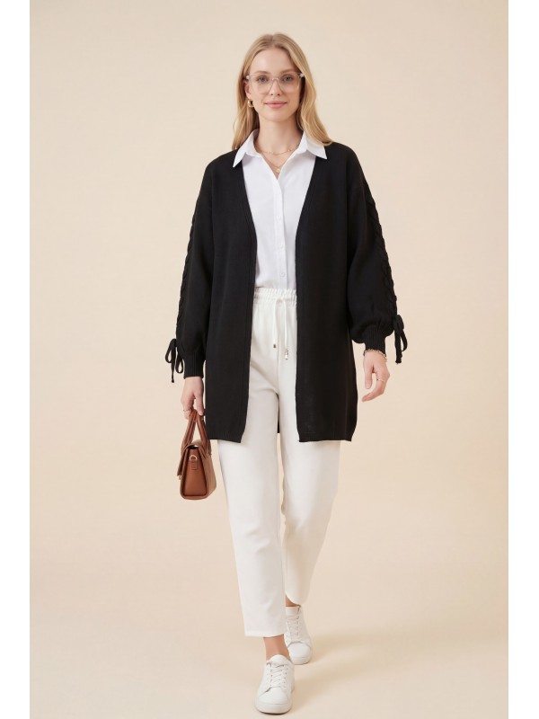 Kolu Saç Örgülü Salaş Triko Hırka -Siyah