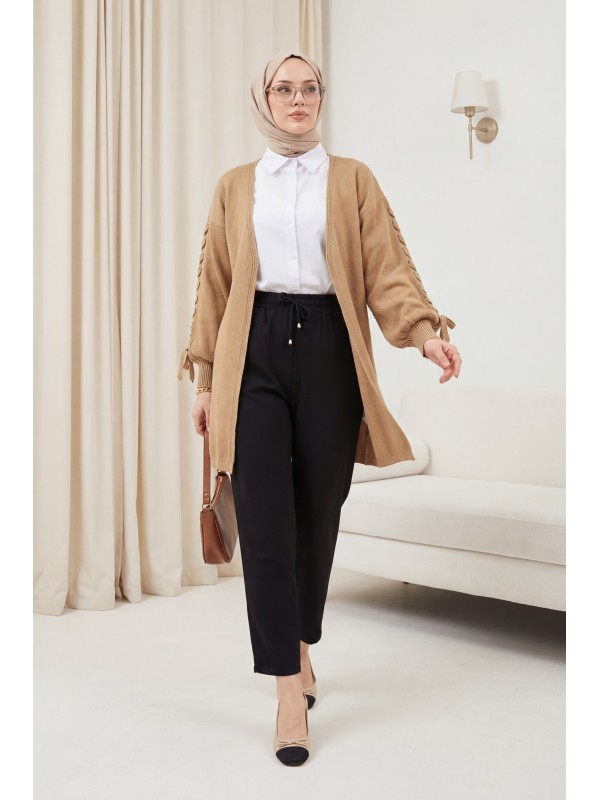 Kolu Saç Örgülü Salaş Triko Hırka -Vizon