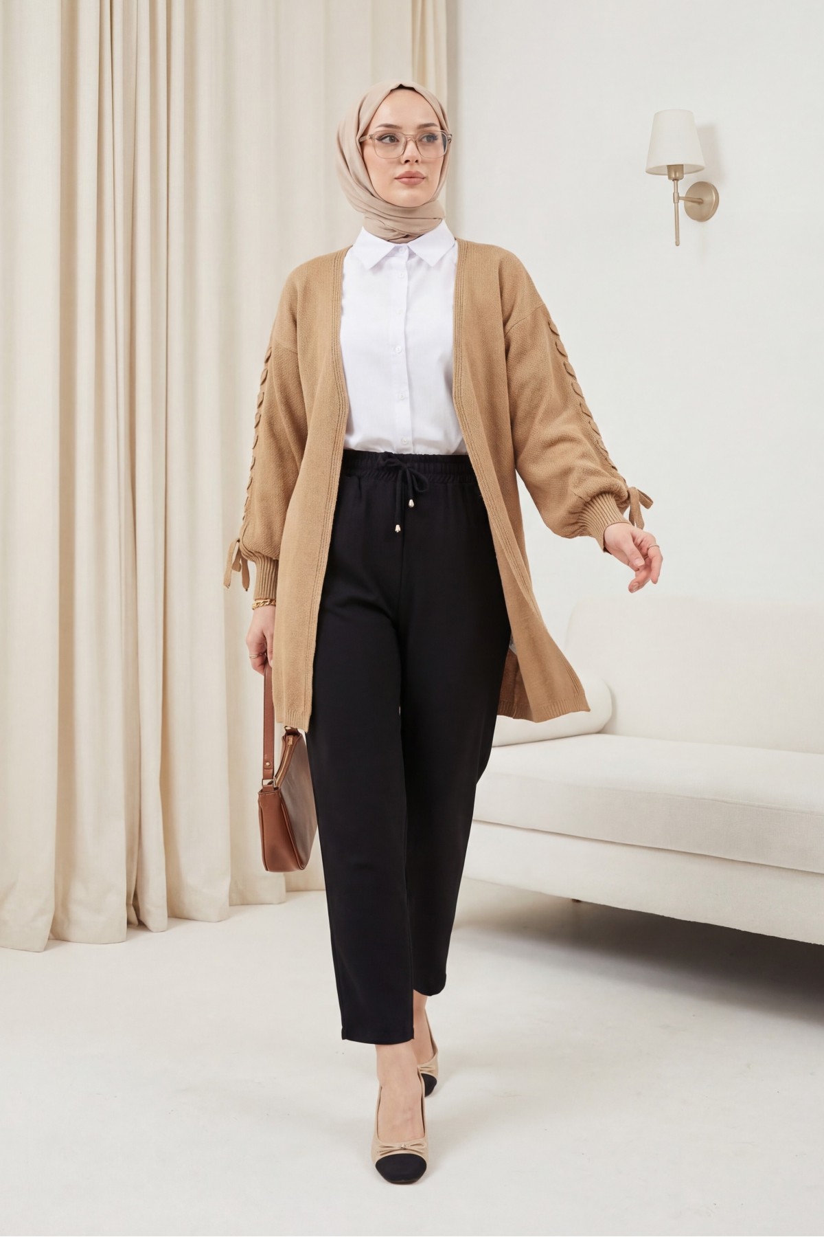 Kolu Saç Örgülü Salaş Triko Hırka -Vizon