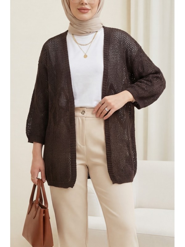 Baklava Desenli Ajurlu Triko Hırka -K. Kahve