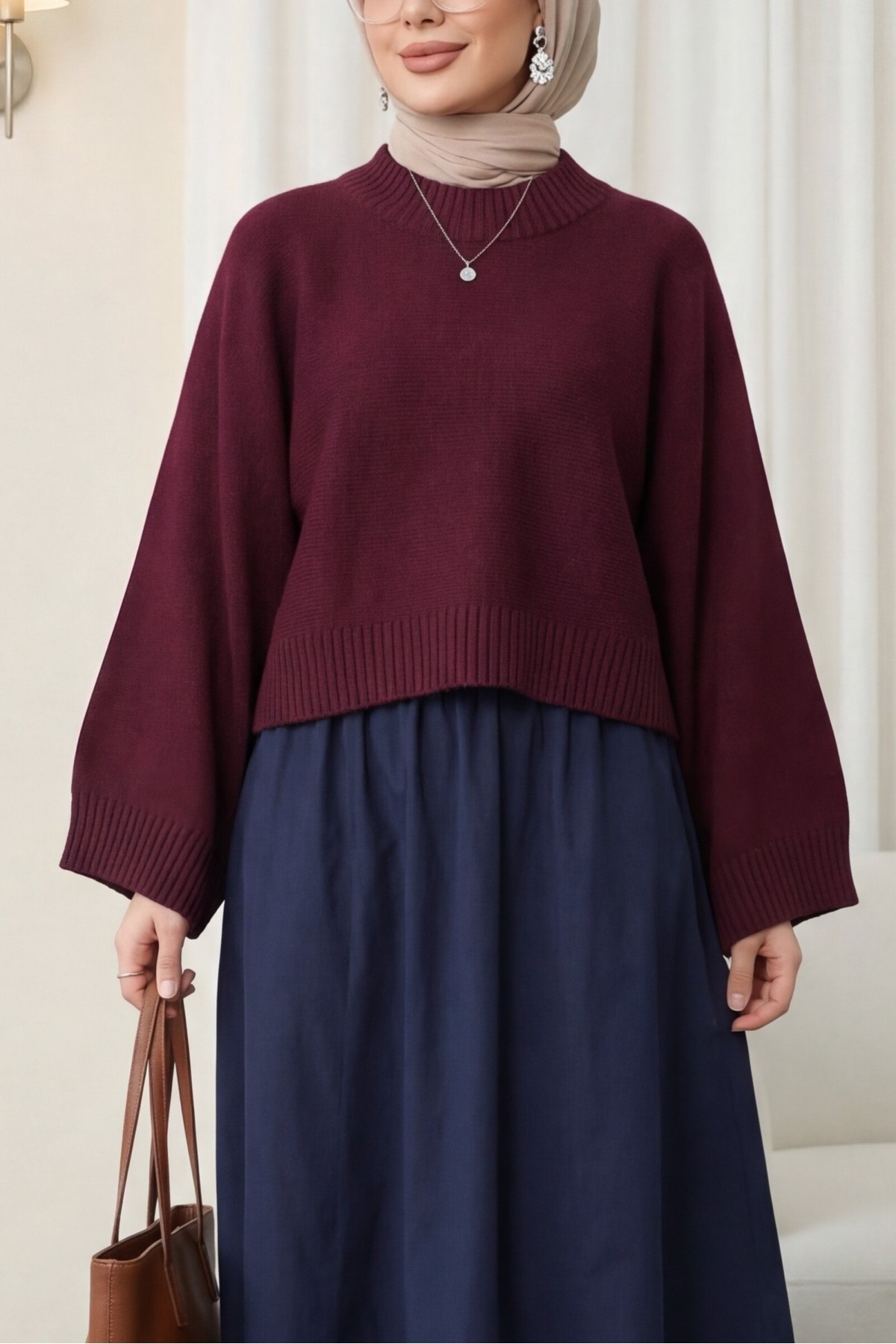 Yarım Boğazlı Yarasa Kol Etek Üstü Triko Kazak -Bordo