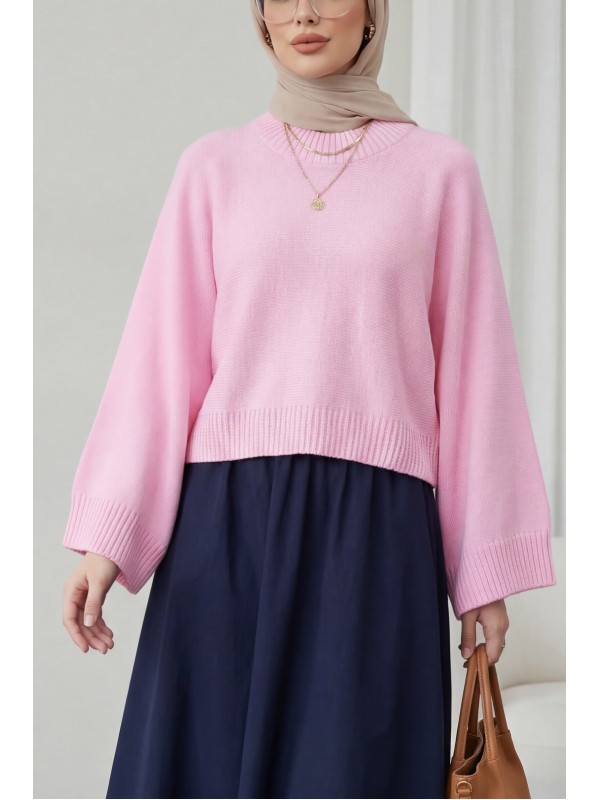Yarım Boğazlı Yarasa Kol Etek Üstü Triko Kazak -Pembe
