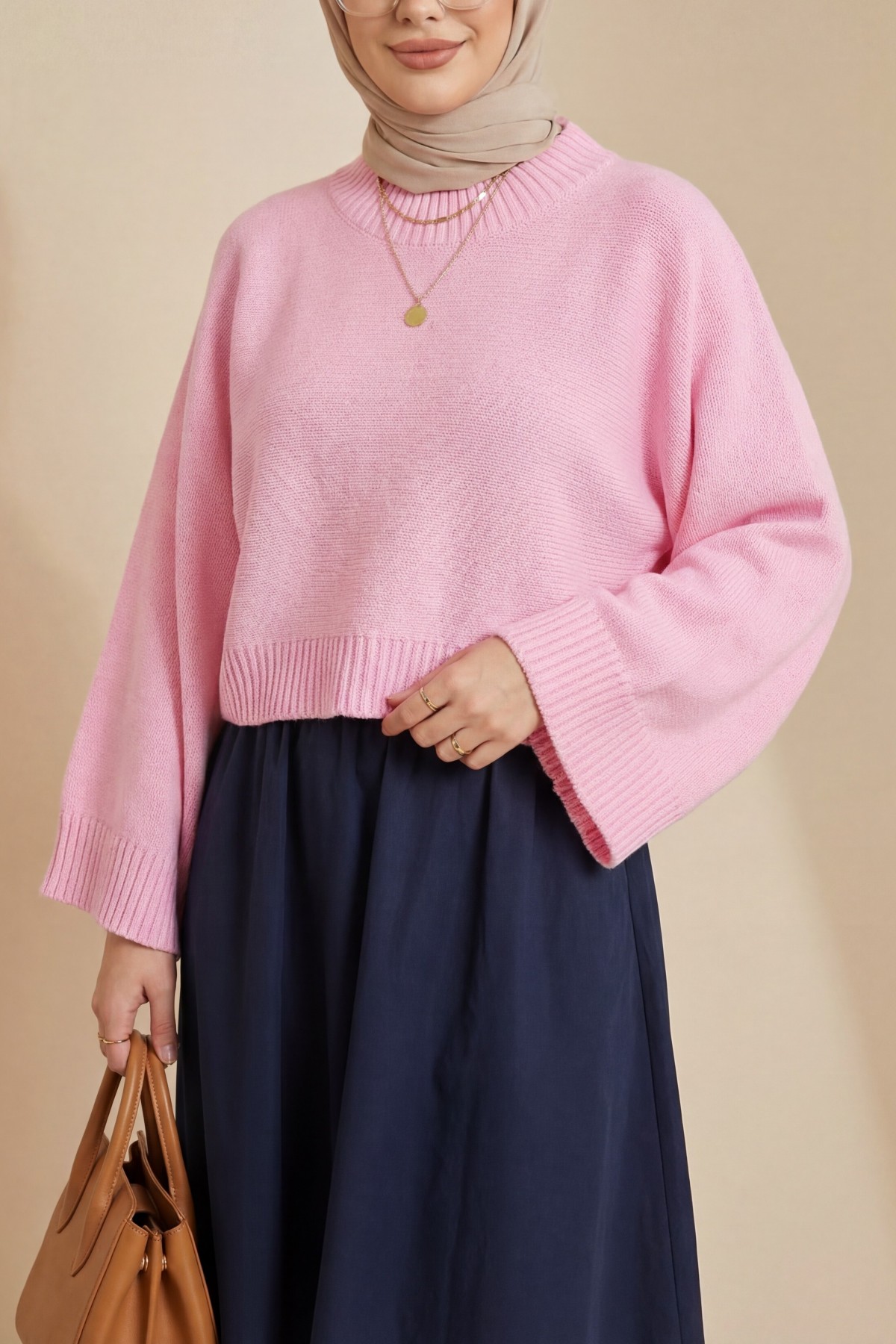 Yarım Boğazlı Yarasa Kol Etek Üstü Triko Kazak -Pembe