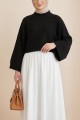 Yarım Boğazlı Yarasa Kol Etek Üstü Triko Kazak -Siyah