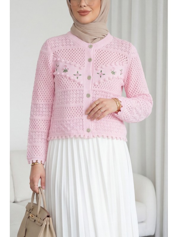 Önü Çiçek Nakışlı Ponponlu Düğmeli Triko Hırka  -Pembe