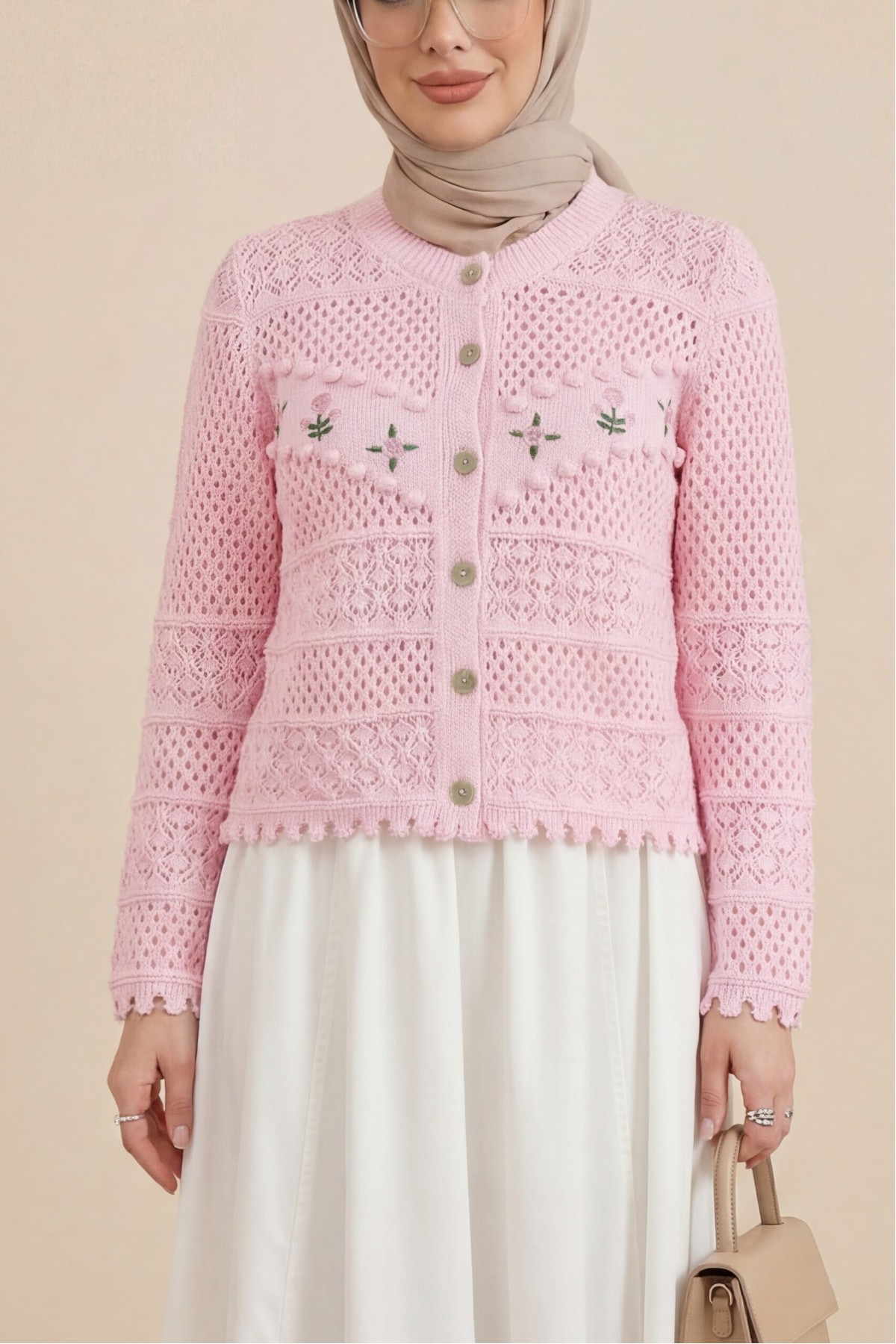 Önü Çiçek Nakışlı Ponponlu Düğmeli Triko Hırka  -Pembe