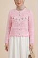 Önü Çiçek Nakışlı Ponponlu Düğmeli Triko Hırka  -Pembe