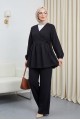 Kolu Lastikli İp Bağcıklı Müslin Takım   -Siyah