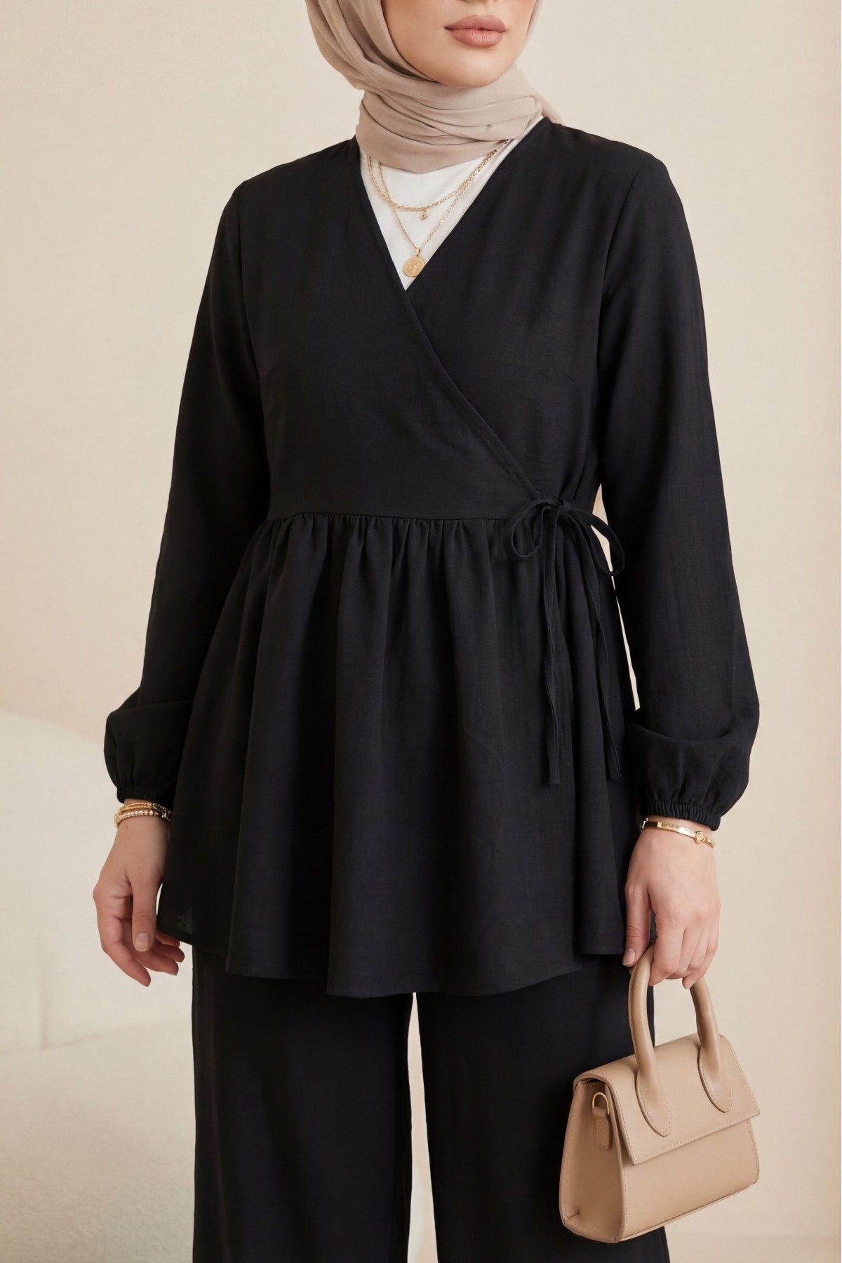 Kolu Lastikli İp Bağcıklı Müslin Takım   -Siyah