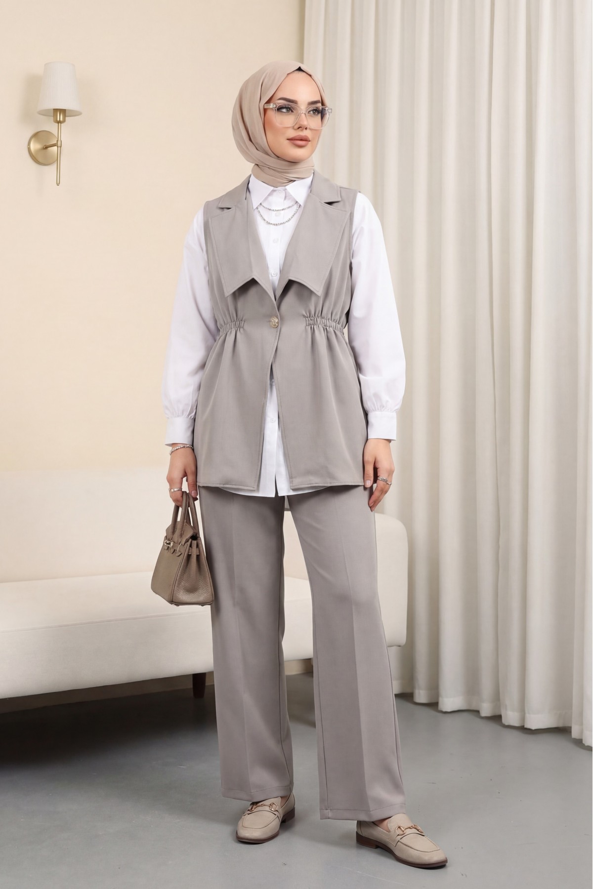 Kruvaze Yaka Beli Lastikli Yelek Pantolon Modal Takım -Gri