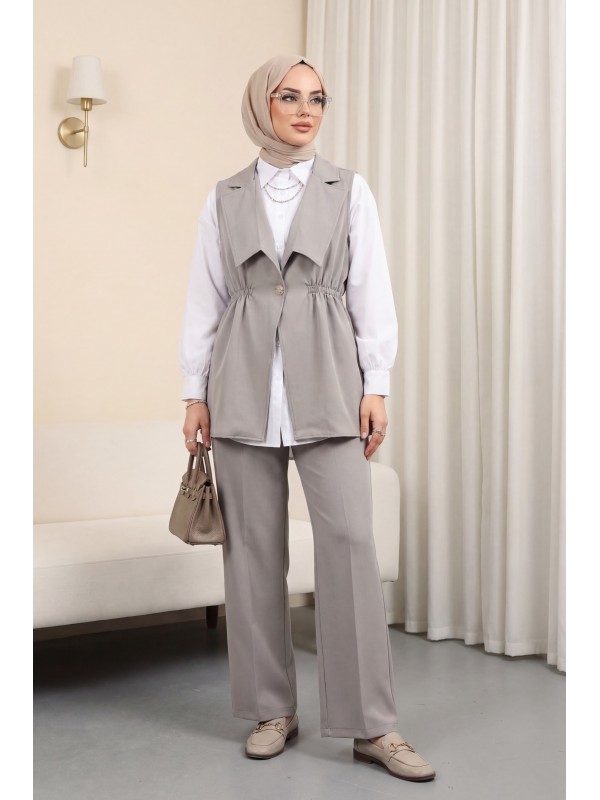 Kruvaze Yaka Beli Lastikli Yelek Pantolon Modal Takım -Gri