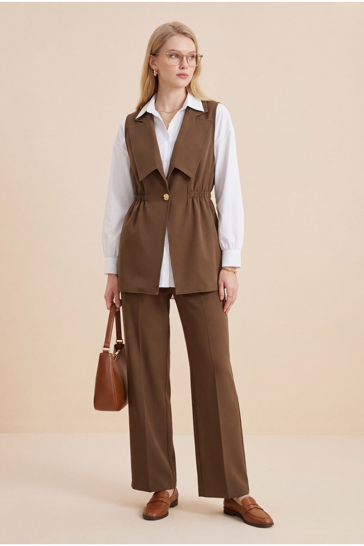 Kruvaze Yaka Beli Lastikli Yelek Pantolon Modal Takım -Kahve