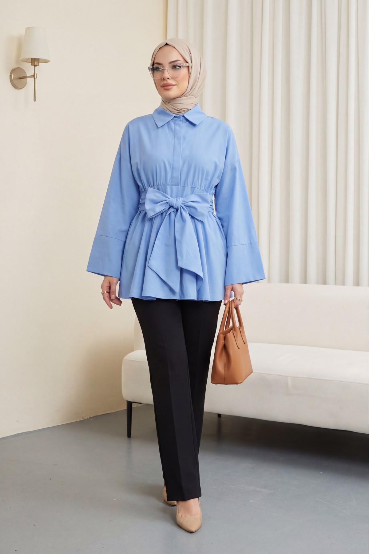 Beli Korsajlı Gizli Patlı Kuşaklı Poplin Tunik -Mavi