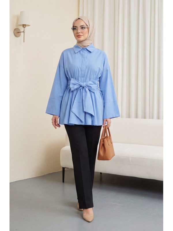 Beli Korsajlı Gizli Patlı Kuşaklı Poplin Tunik -Mavi