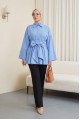 Beli Korsajlı Gizli Patlı Kuşaklı Poplin Tunik -Mavi