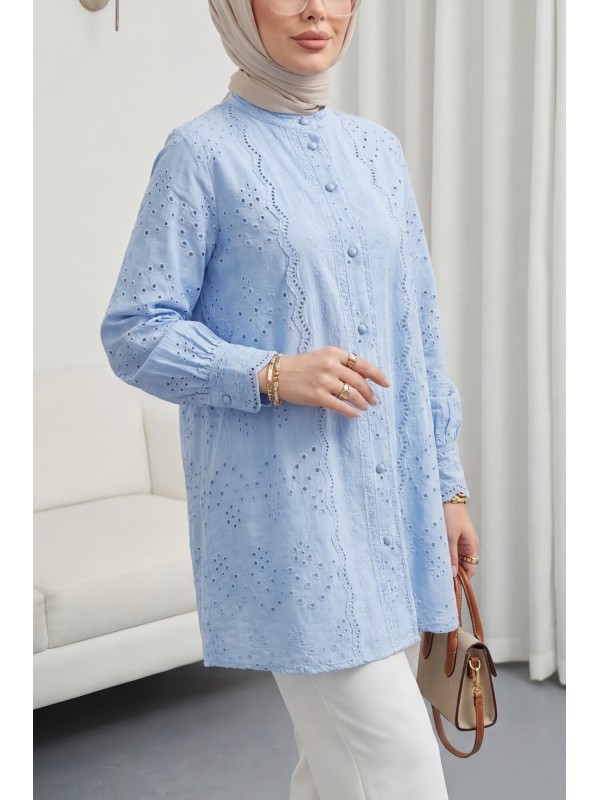 Yakası Ve Kolu Dantelli Top Düğmeli Astarlı Gömlek  -Mavi