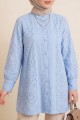 Yakası Ve Kolu Dantelli Top Düğmeli Astarlı Gömlek  -Mavi
