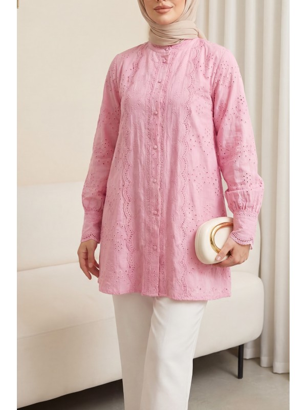 Yakası Ve Kolu Dantelli Top Düğmeli Astarlı Gömlek  -Pembe
