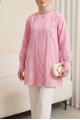 Yakası Ve Kolu Dantelli Top Düğmeli Astarlı Gömlek  -Pembe