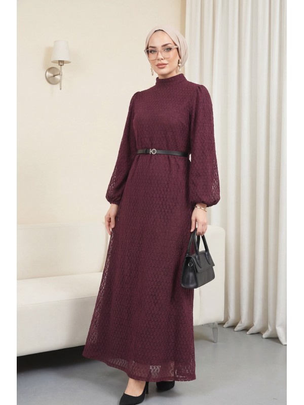 Hakim Yaka Balon Kol Kemerli Astarlı Dantel Elbise -Mürdüm
