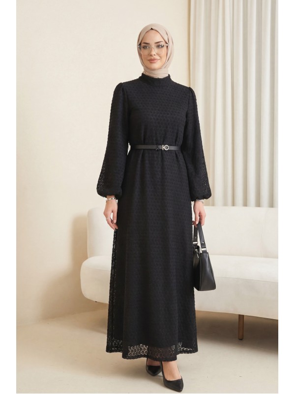 Hakim Yaka Balon Kol Kemerli Astarlı Dantel Elbise -Siyah