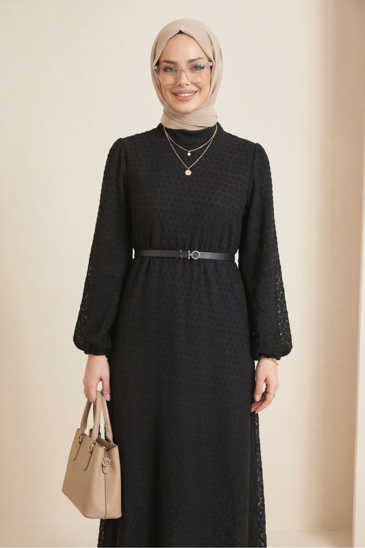 Hakim Yaka Balon Kol Kemerli Astarlı Dantel Elbise -Siyah