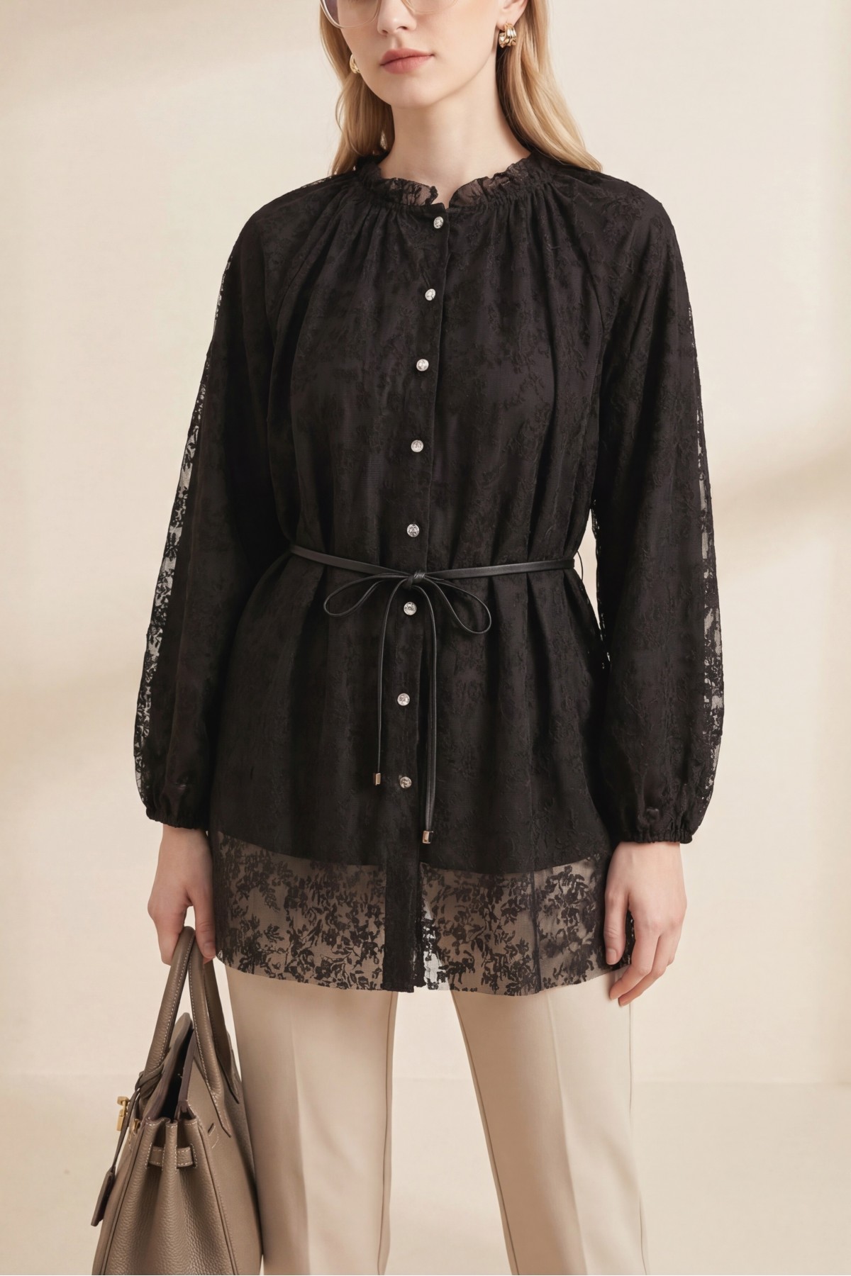 Dik Yaka Beli Bağcıklı Balon Kol Flog Baskılı Astarlı Tül Tunik -Kahve