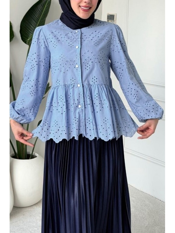 Kolu Lastikli Ajurlu Düğmeli Astarlı Gömlek  -Mavi