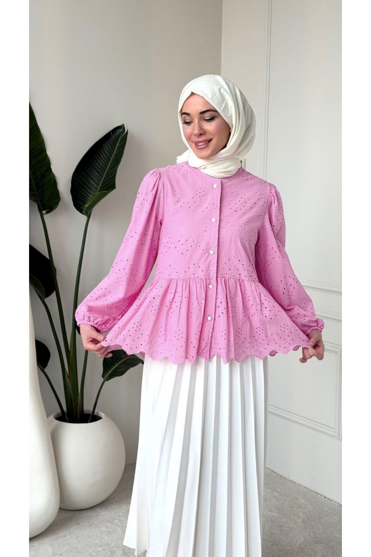 Kolu Lastikli Ajurlu Düğmeli Astarlı Gömlek  -Pembe