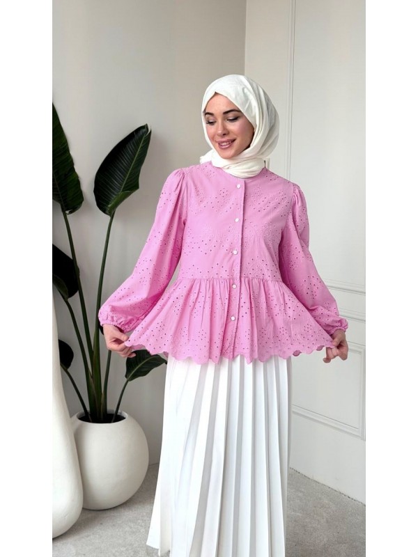 Kolu Lastikli Ajurlu Düğmeli Astarlı Gömlek  -Pembe