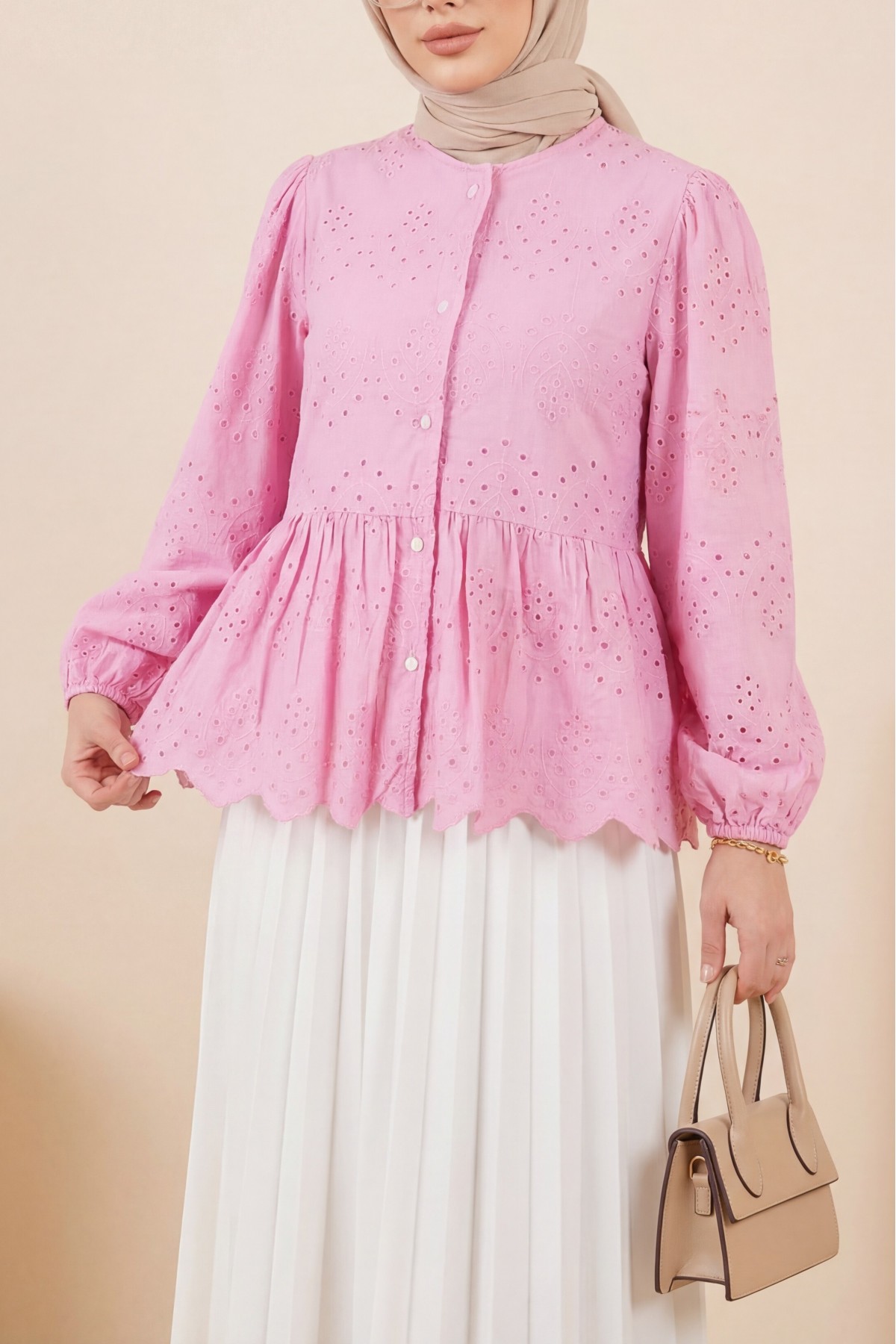 Kolu Lastikli Ajurlu Düğmeli Astarlı Gömlek  -Pembe