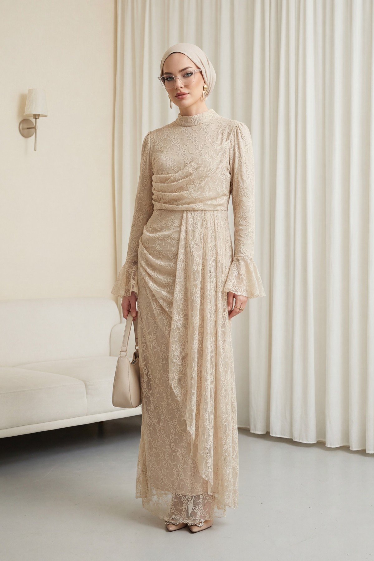 Kol Manşeti Volanlı Önü Drapeli Astarlı Dantel Elbise -Açık Vizon