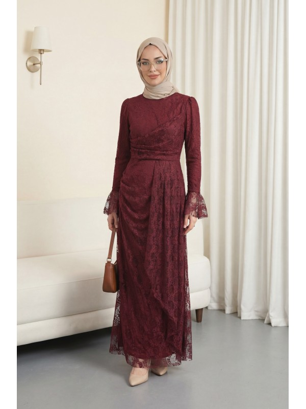 Kol Manşeti Volanlı Önü Drapeli Astarlı Dantel Elbise -Bordo