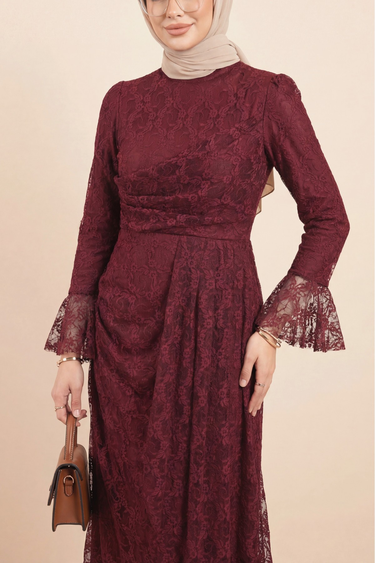 Kol Manşeti Volanlı Önü Drapeli Astarlı Dantel Elbise -Bordo